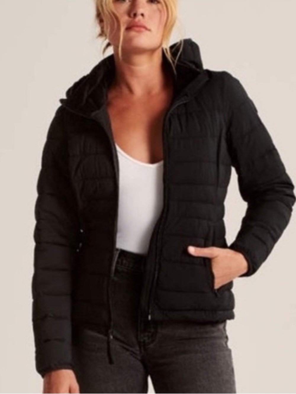 Abercrombie & Fitch Black Stretch Light-Weight Packable Hooded Puffer Coat